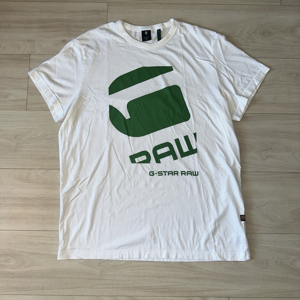 G-Star Raw Mens XXL Green Logo Classic Fit‎ Crewneck Short Sleeve T-Shirt White